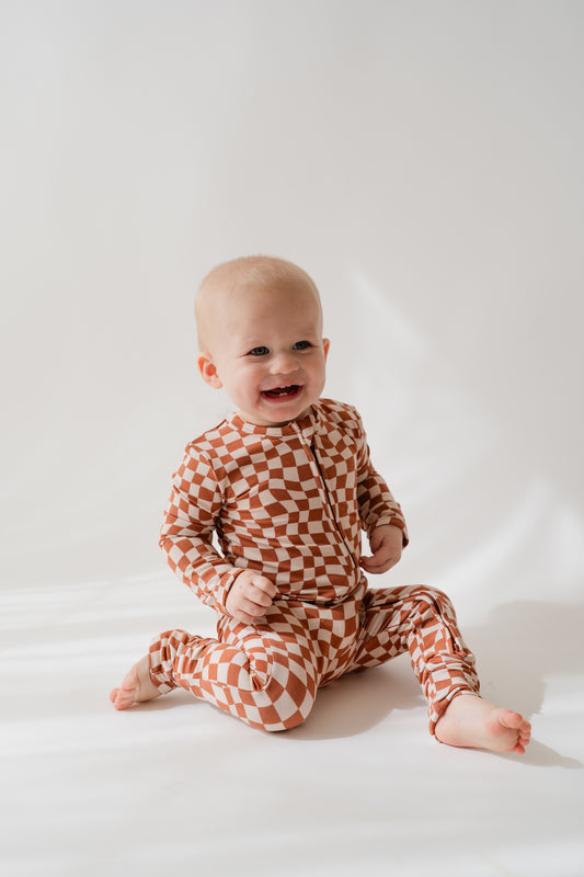 Rustic Checkerboard | Bamboo Zip Romper